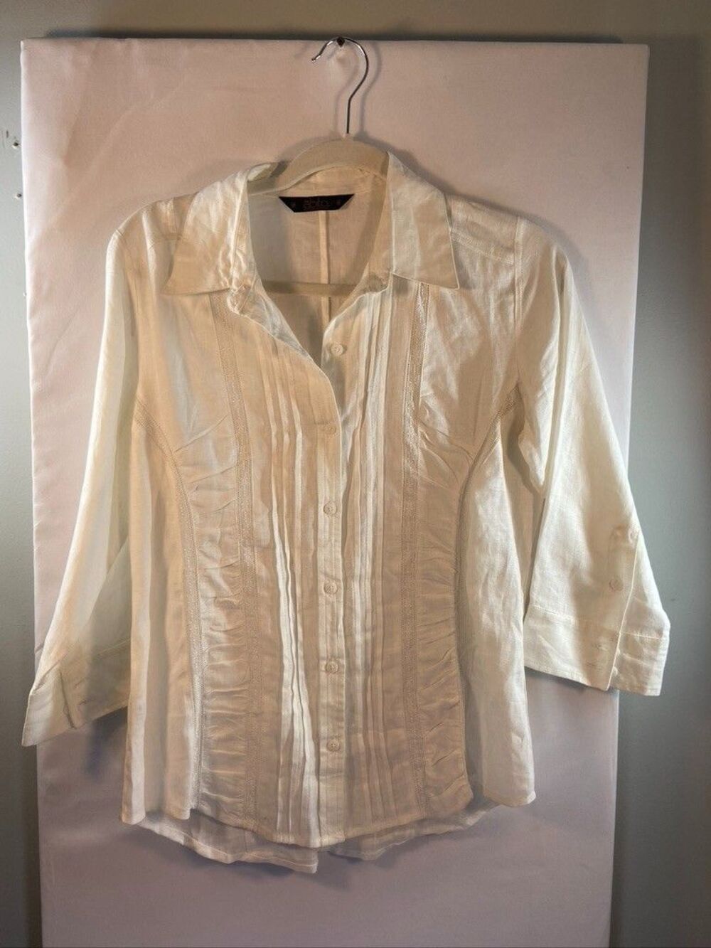ABITO WOMENS SZ MEDIUM WHITE PLEATS BUTTON UP 3/4 SLEEVE LINEN BLOUSE